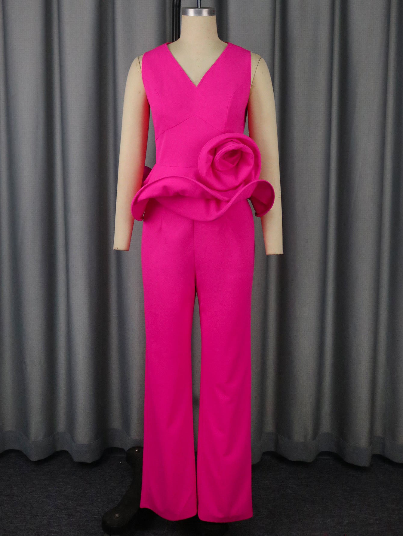 New arrival  Three-dimensional Flower V-neck Sleeveless Top High Waist Fashion Straight-leg Pants