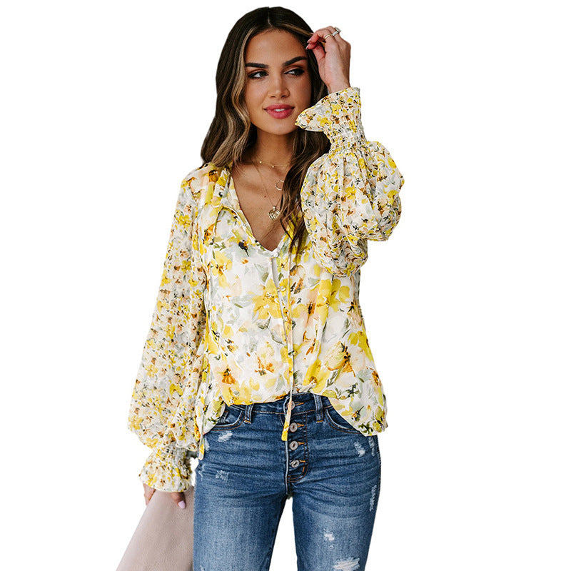 Women's lightweight floral chiffon blouse with long sleeves, designed for spring, by Dropshipman.