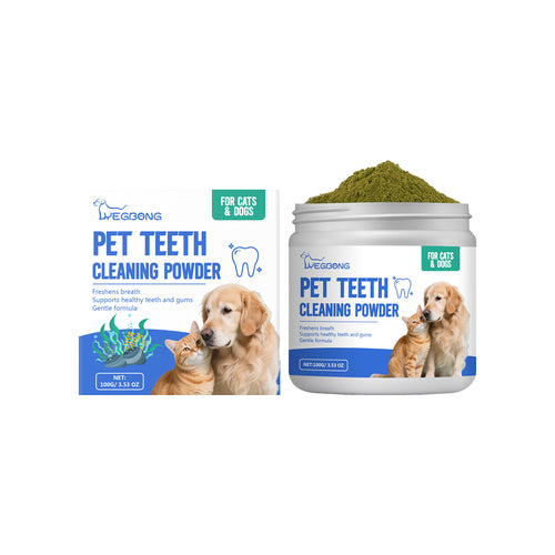 Cat and dog dental cleaning powder by Dropshipman shown in a container with the powder visible inside.