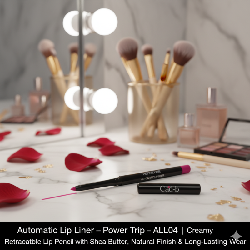 Cad b Power Trip automatic lip liner pencil with Shea Butter, natural finish, long-lasting wear, creamy, retractable, cruelty-free.