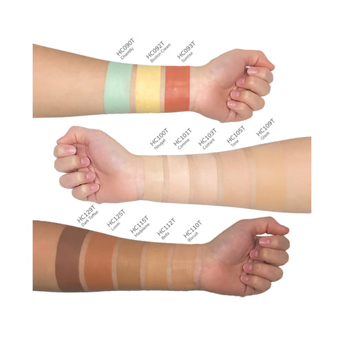 Swatches of Cad b Comma HC101T full coverage brightening concealing cream in various shades on a white background.
