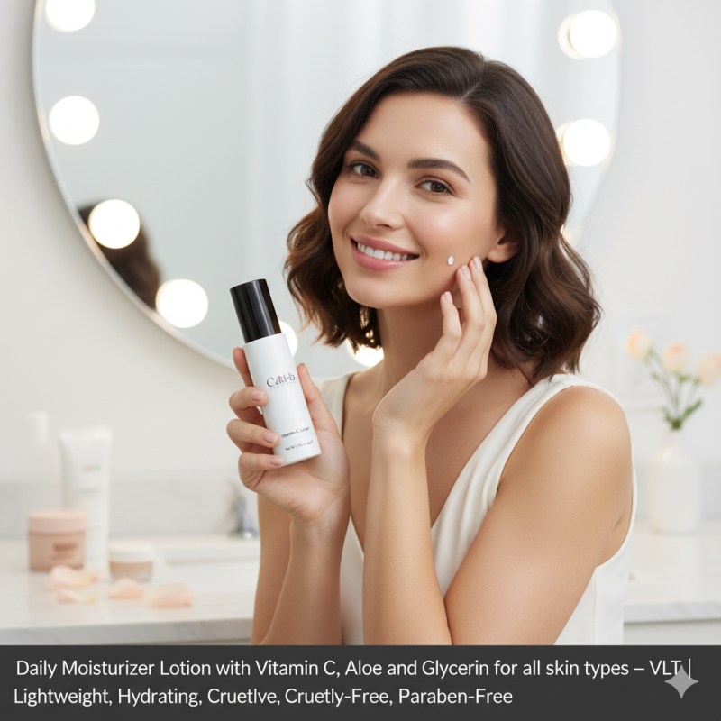 Cad b Daily Moisturizer Lotion with Vitamin C, Aloe, Glycerin, hydrating face cream for all skin types, shown in a white tube