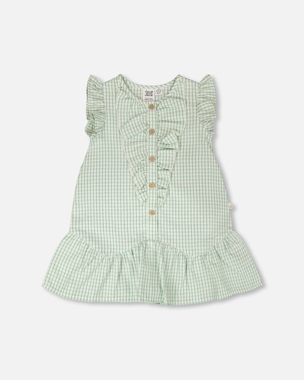 Green plaid poplin dress by Deux par Deux, featuring a classic design and button details, perfect for casual or dressy occasions.