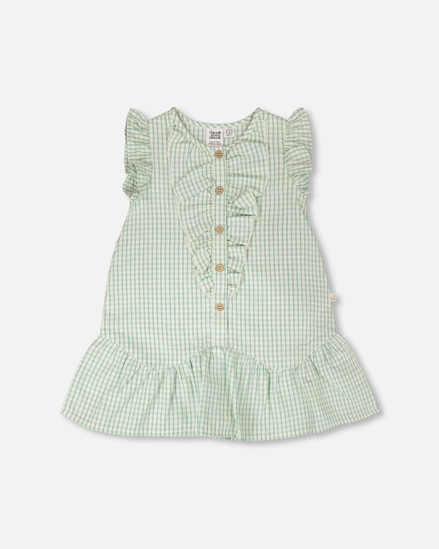 Green plaid poplin dress by Deux par Deux, featuring a classic design and button details, perfect for casual or dressy occasions.