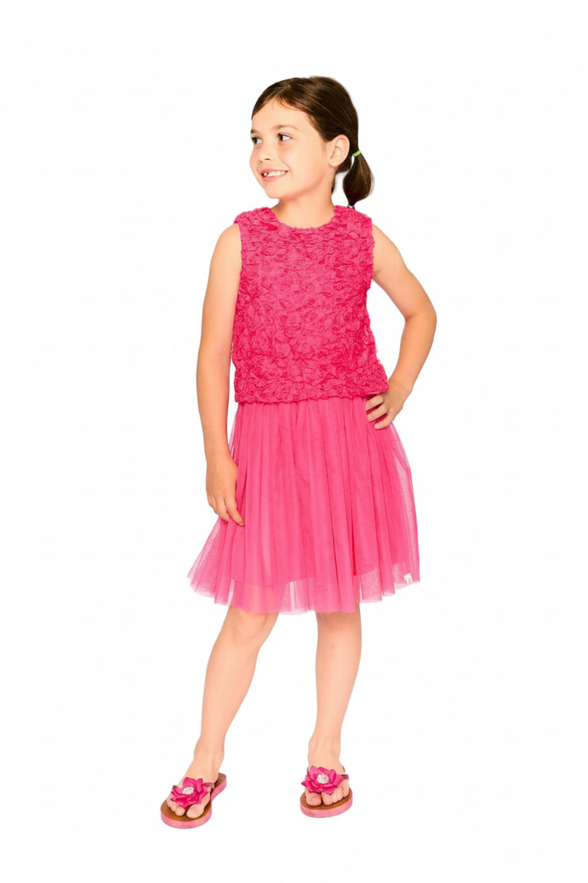 Pink sleeveless textured rosette dress by Deux par Deux, featuring a stylish design and floral detailing.