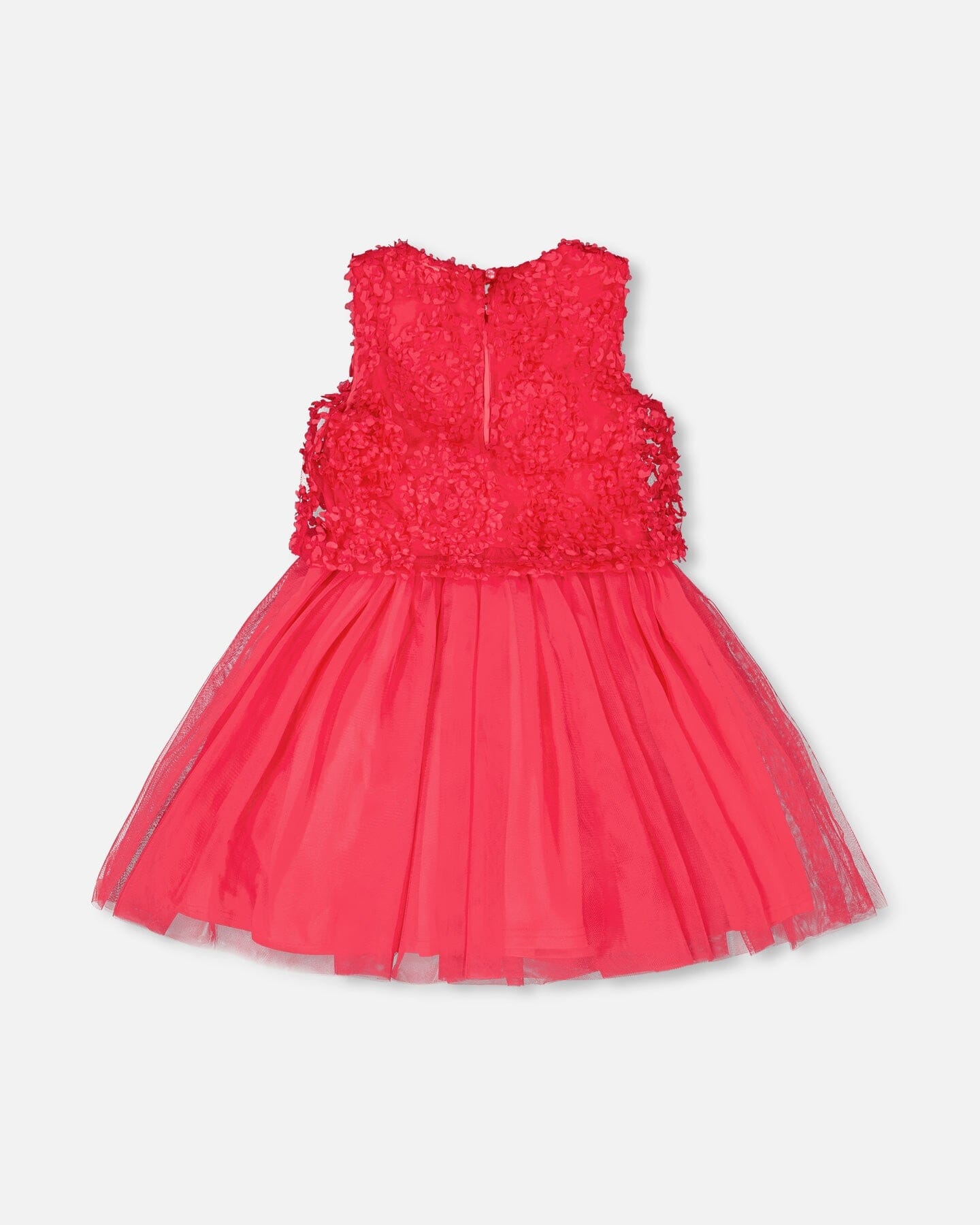 Pink sleeveless textured rosette dress by Deux par Deux, showcasing a floral appliqué design and elegant fabric details.