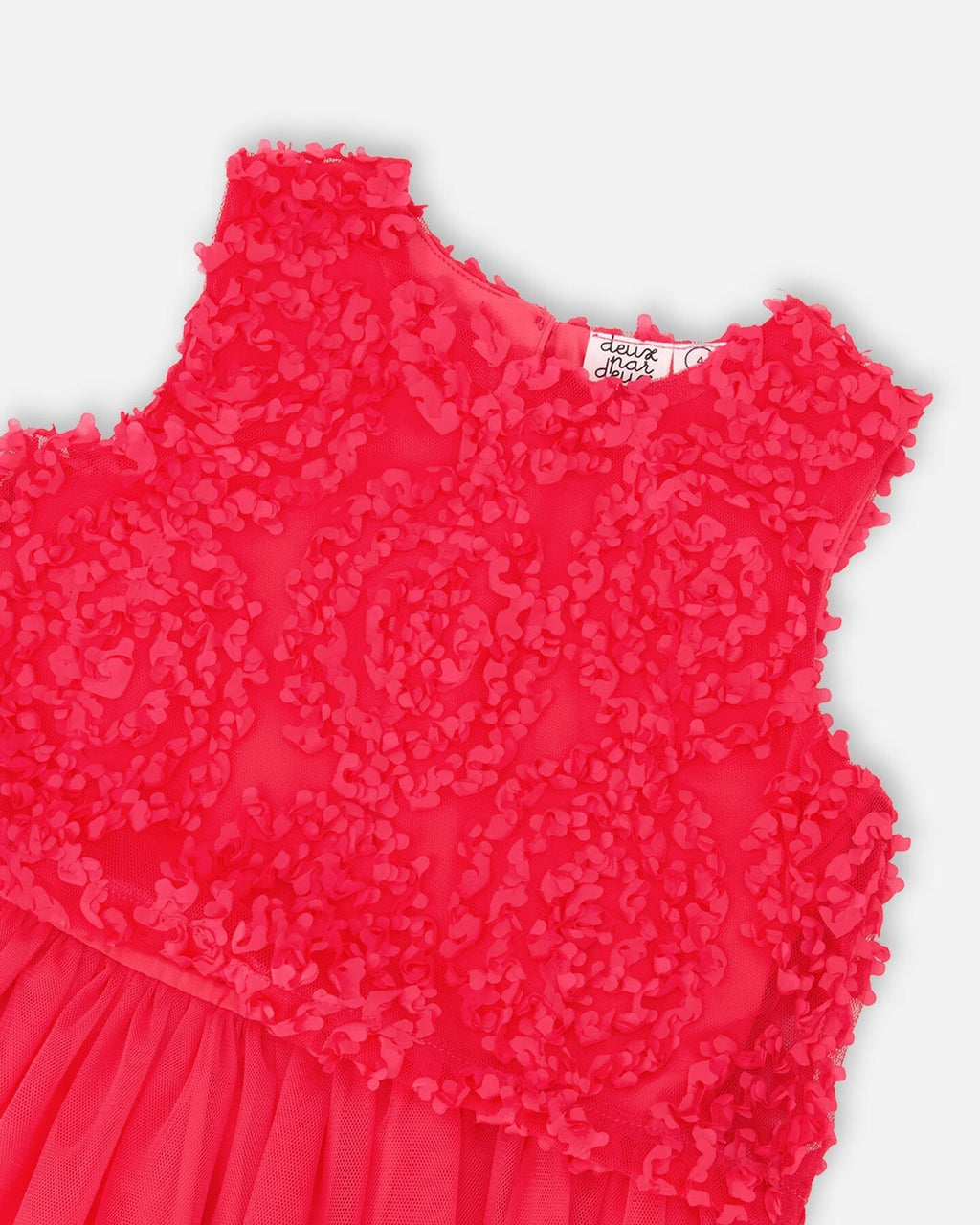 Pink sleeveless textured rosette dress by Deux par Deux with floral details, perfect for special occasions and warm weather.