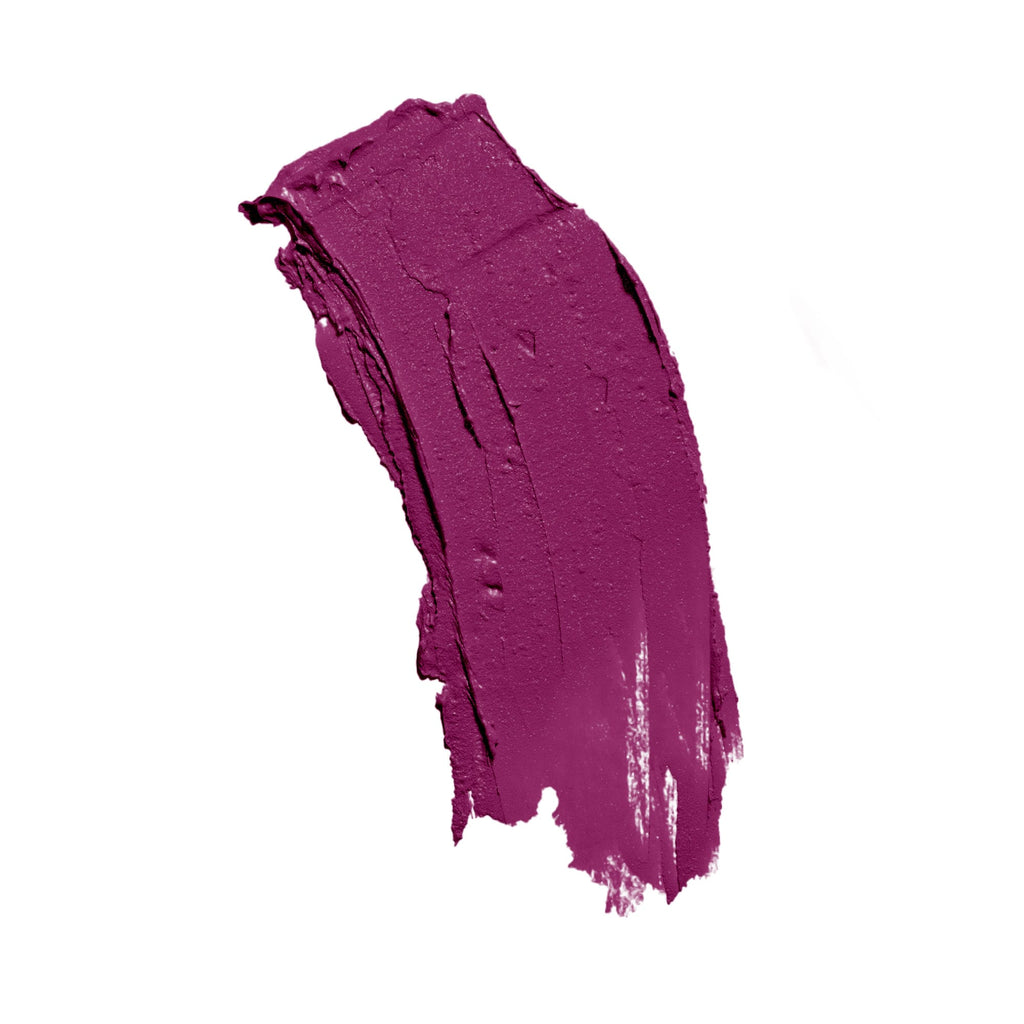 Laila Purple Rain lipstick in bold purple shade with natural oils, shown in a sleek slim tube on a plain background.