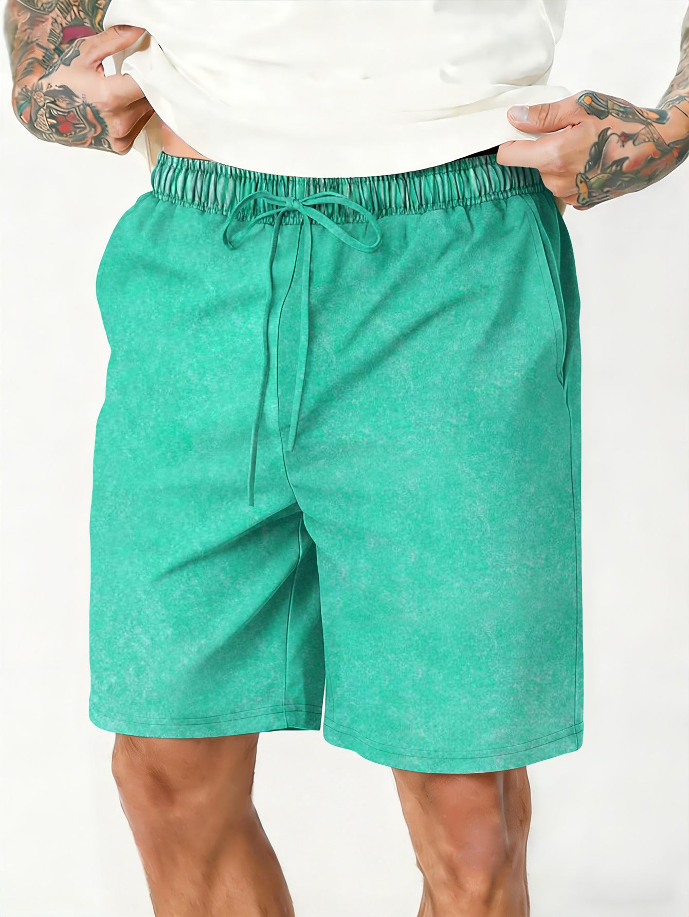 Relaxed-fit washed and distressed casual shorts by Dropshipman, showcasing a comfortable and rugged style.