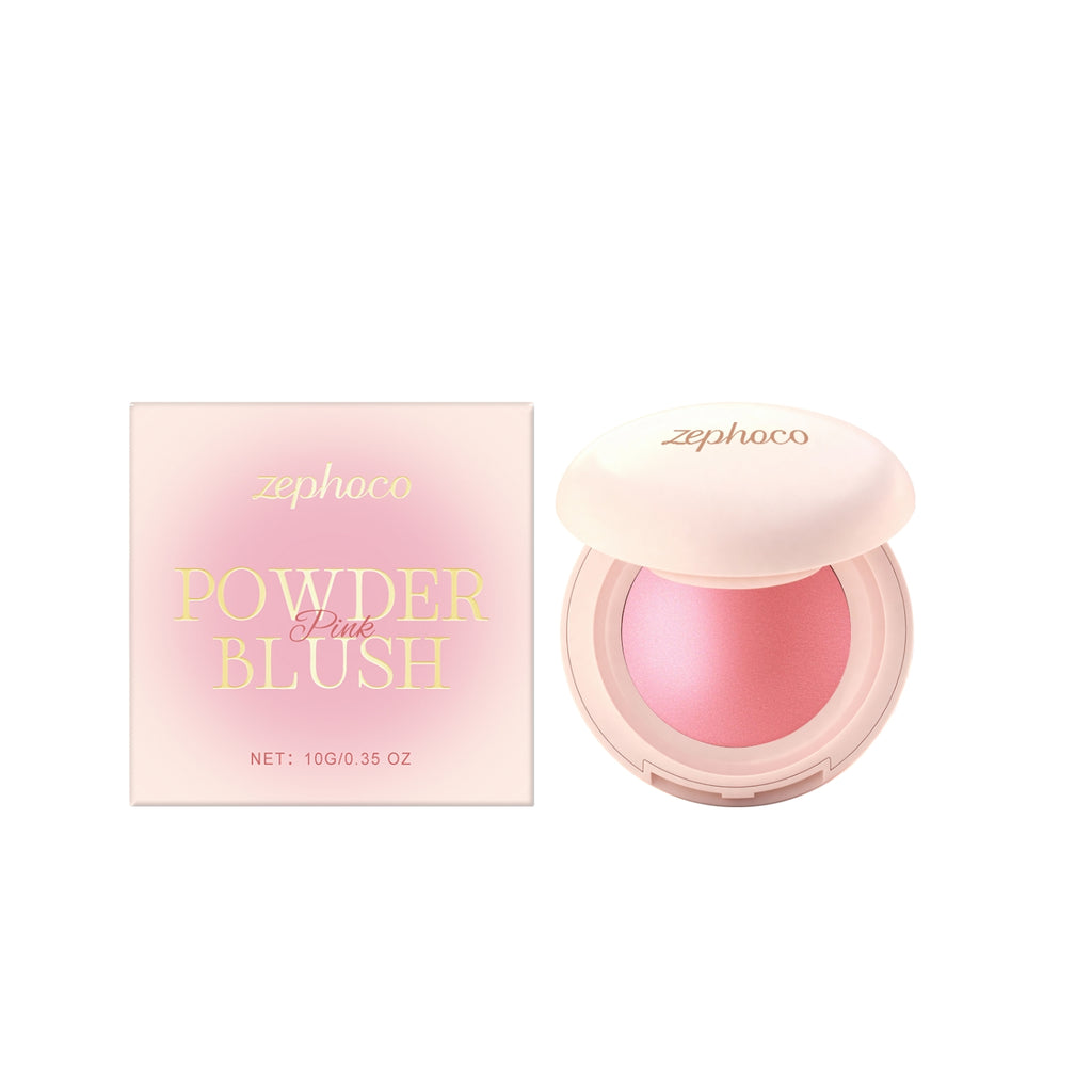Dropshipman silky moisturizing blush powder with soft, buildable color, shown in a close-up of the rounded blush compact.