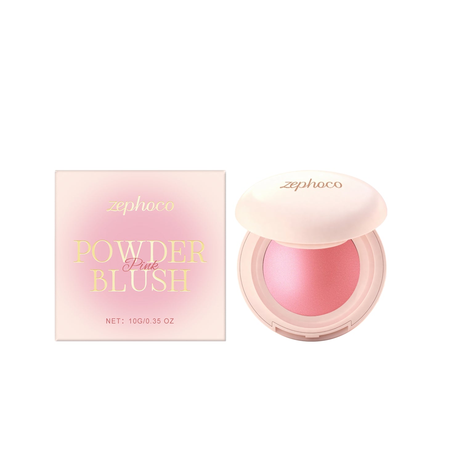 Dropshipman silky moisturizing blush powder with soft, buildable color, shown in a close-up of the rounded blush compact.