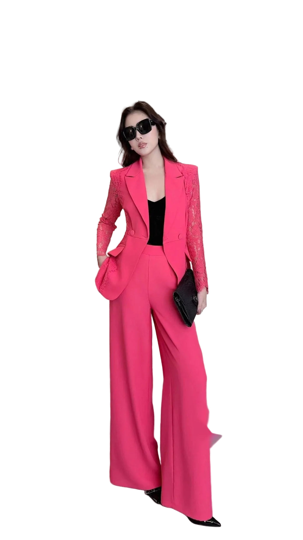 Spring solid color lace patchwork suit set by Dropshipman, featuring a stylish coordinated jacket and pants in vibrant fabric.
