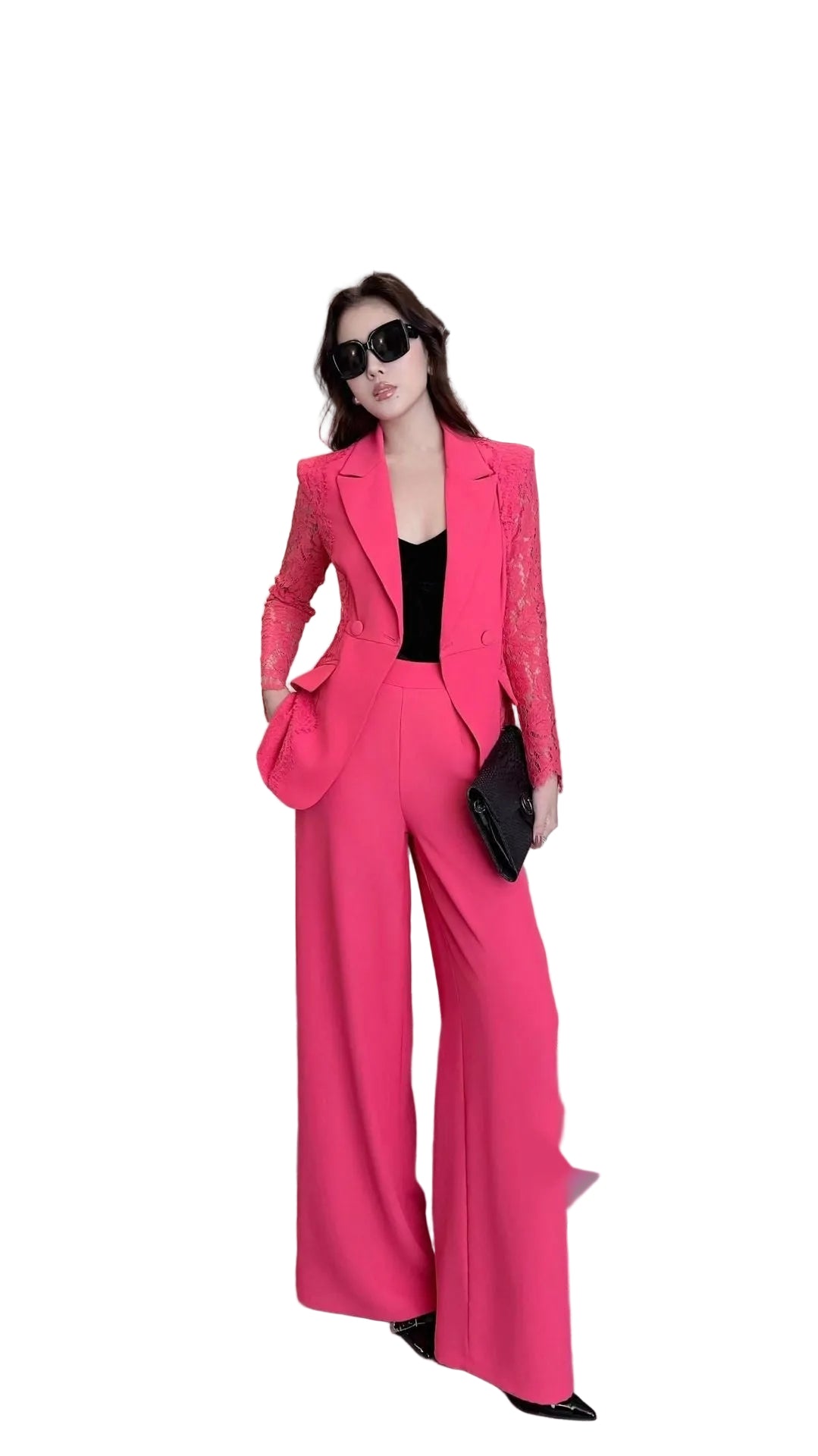 Spring solid color lace patchwork suit set by Dropshipman, featuring a stylish coordinated jacket and pants in vibrant fabric.