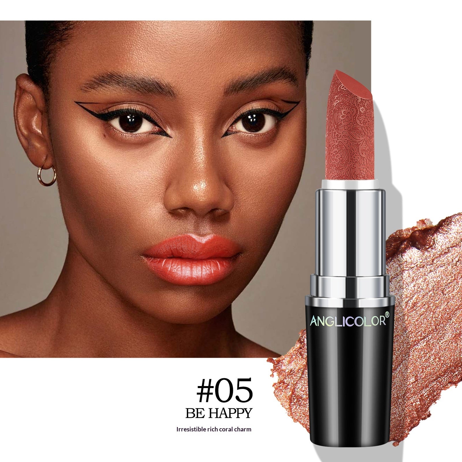 Pearly finish lipstick by Dropshipman with sleek packaging, showcasing vibrant lipstick color and smooth, glossy surface.