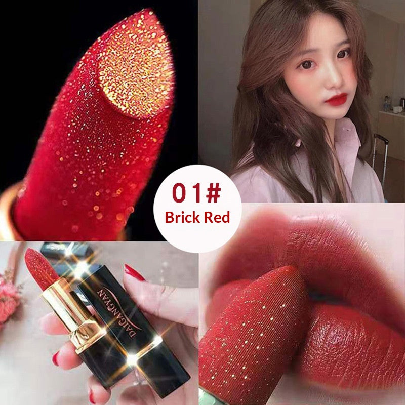 Golden Diamond Shimmer Lipstick by Dropshipman with a velvet matte finish, showcasing its shimmering gold packaging and rich lipstick color.