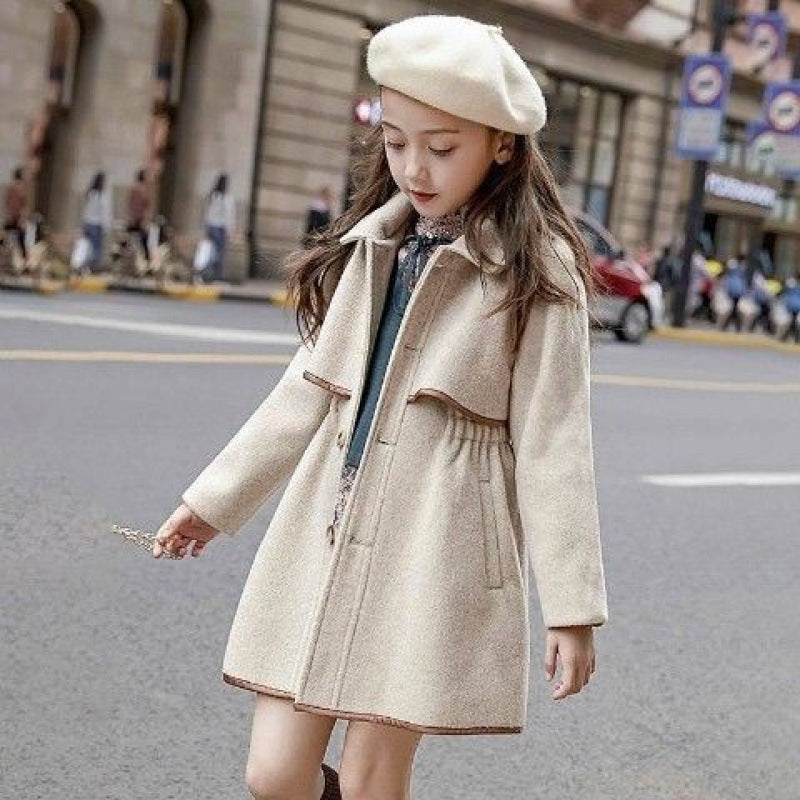 new-arrival Children Quilted Solid-color Princess Mid-old Girl Waist-cinching Double-faced Coat