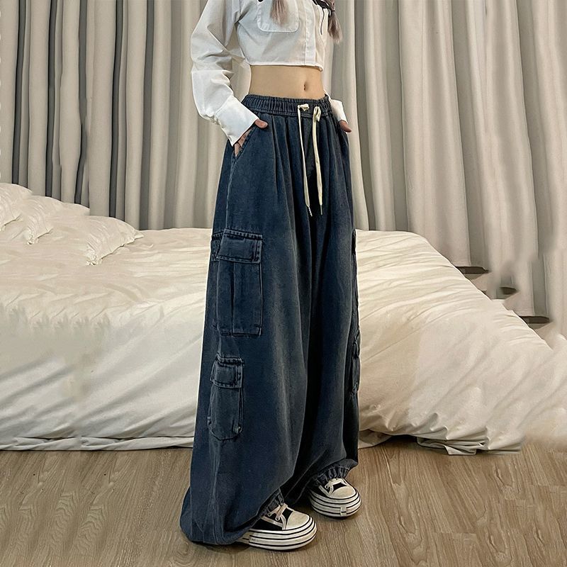 Loose-fit spring hip-hop denim workwear pants by Dropshipman featuring vintage American-style design