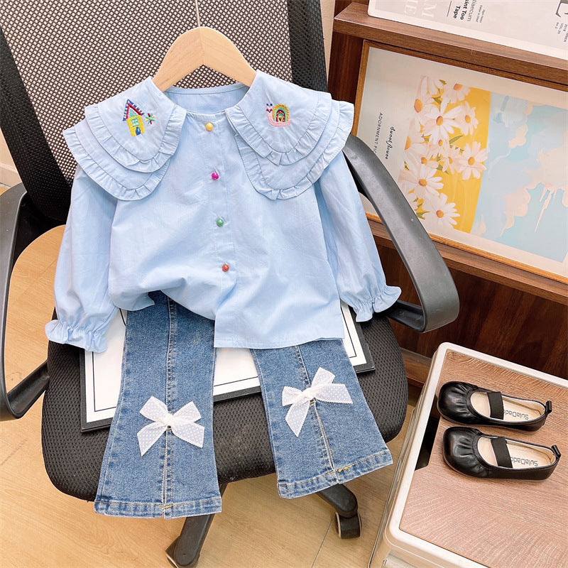 Cute embroidered collar shirt and denim jeans two-piece set for girls, featuring a stylish and comfortable design from Dropshipman.