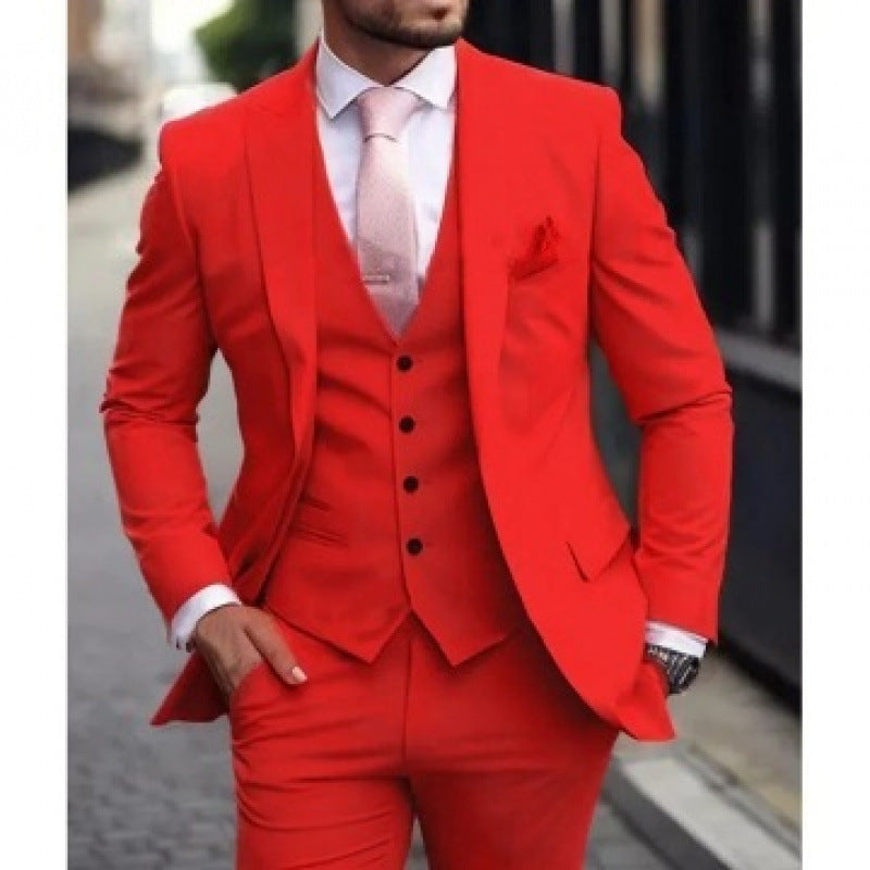Men's three-piece solid-color suit by Dropshipman, stylish high-end formal attire with a sophisticated vibe, shown in the image.