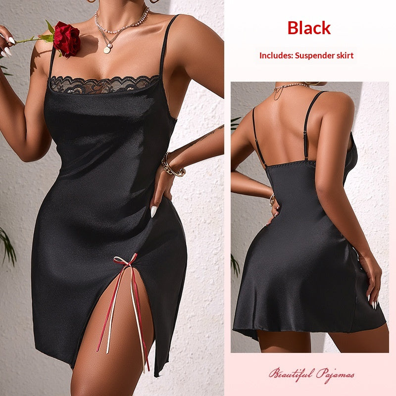 Satin Lace Slip Dress With A Side Slit