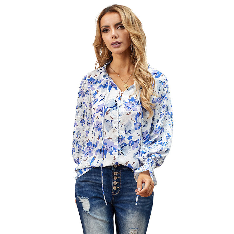 Women's Shying Spring floral chiffon blouse with long sleeves, lightweight and stylish from Dropshipman.