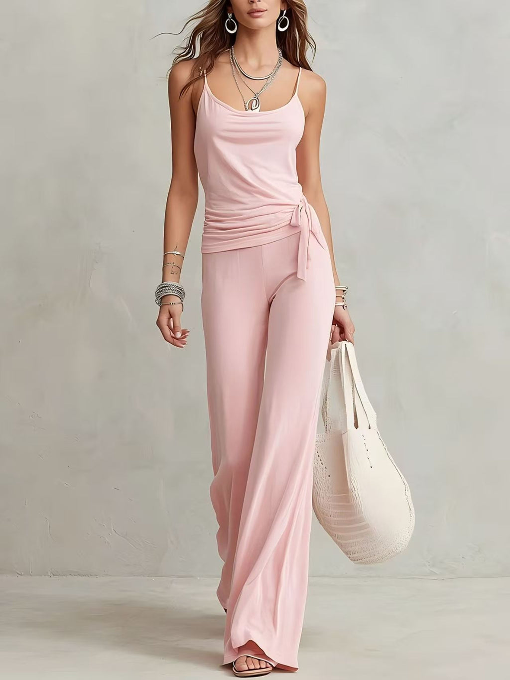 Dropshipman women's solid color sleeveless top and pants set, featuring a stylish matching outfit for casual wear.