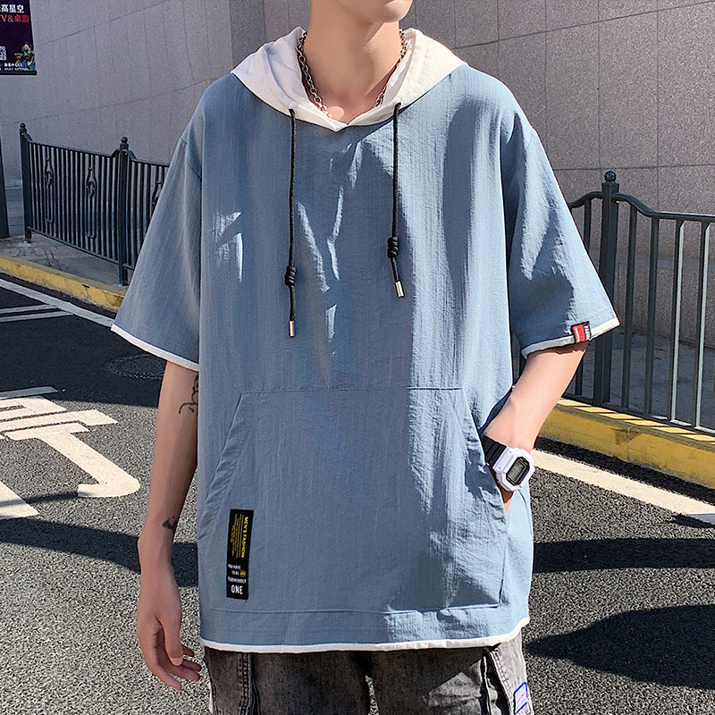 Men's loose-fitting casual two-piece short-sleeve shirt set by Dropshipman, featuring a mock design and comfortable fit.