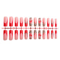 Red leopard print long-tube wearable nails with French edge by Dropshipman, featuring bold animal pattern and elegant nail design.