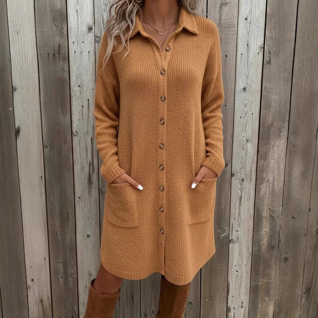 Cream-colored knitted button-down cardigan sweater dress with long sleeves and front pocket, by Dropshipman.