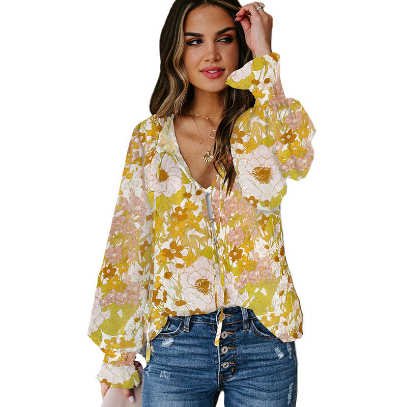 Women's Shying Spring floral chiffon blouse with long sleeves, lightweight and stylish, by Dropshipman.