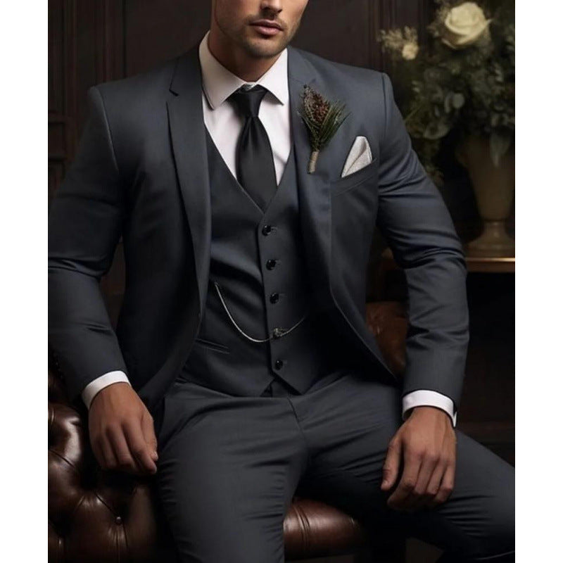 Men's three-piece solid color suit by Dropshipman, stylish high-end formal wear with a sophisticated vibe and tailored fit.