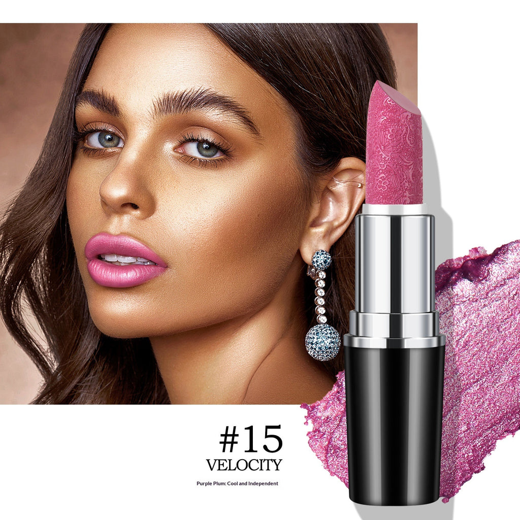 Pearly finish lipstick by Dropshipman with non-fading, non-stick, waterproof formula, shown with a close-up of the lipstick tube and swatch.