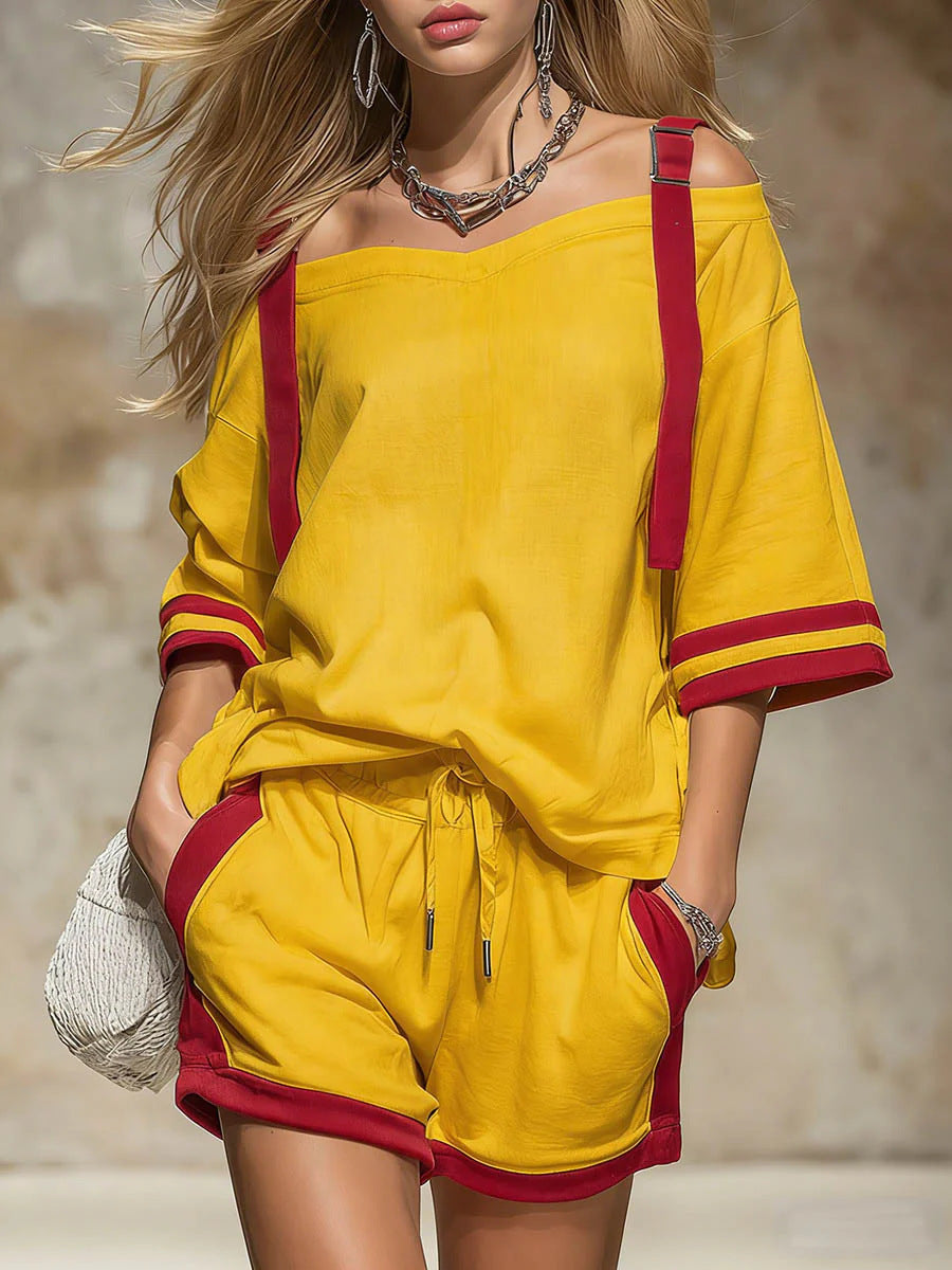Summer contrast-colored women's patchwork casual shorts set by Dropshipman, featuring a stylish top and shorts ensemble.
