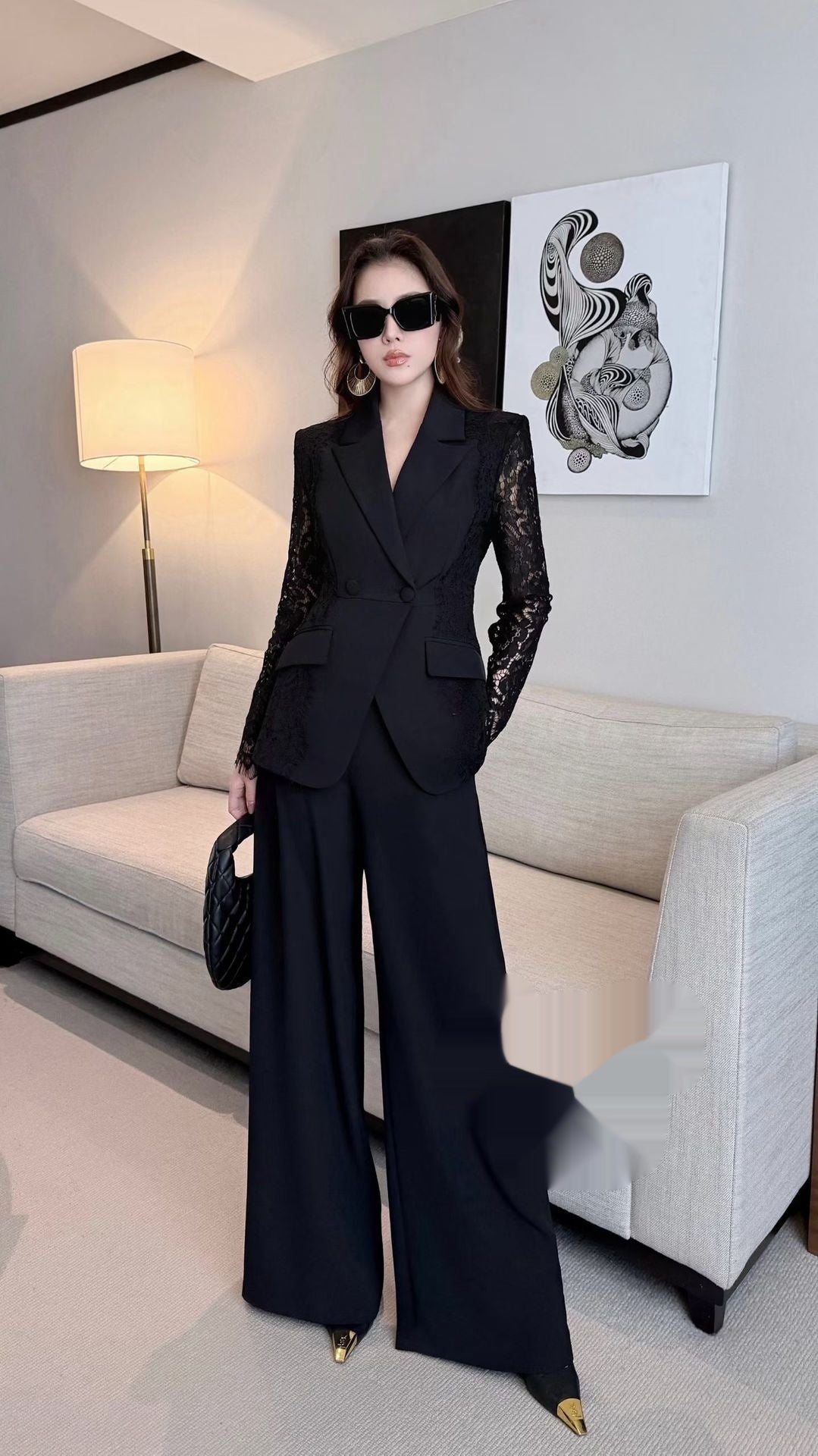 Spring Solid Color Lace Patchwork Suit Set