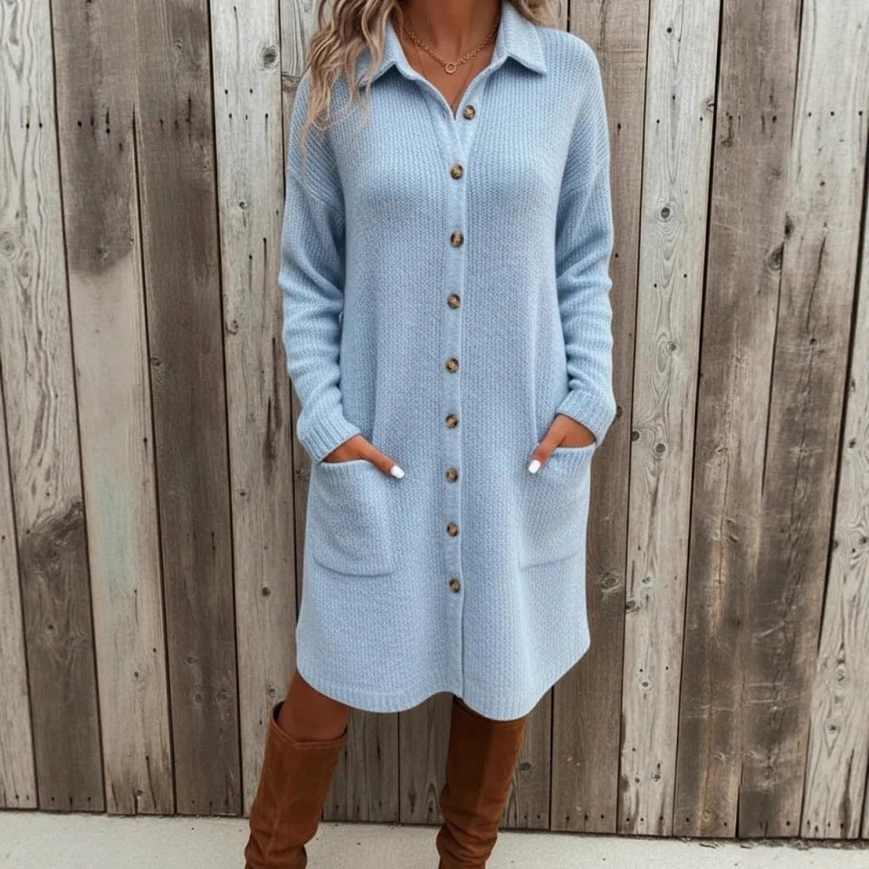 Solid color knitted button-down long sleeve cardigan sweater dress with front pocket, by Dropshipman.