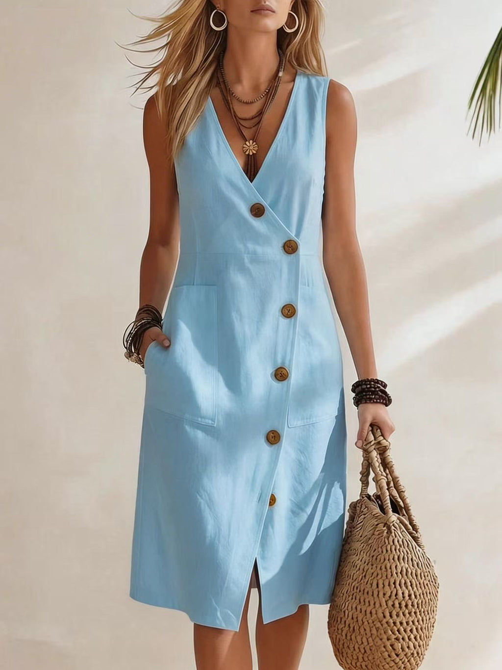Resort-style V-neck sleeveless midi dress with asymmetrical button details by Dropshipman, shown in a stylish, flowy design.