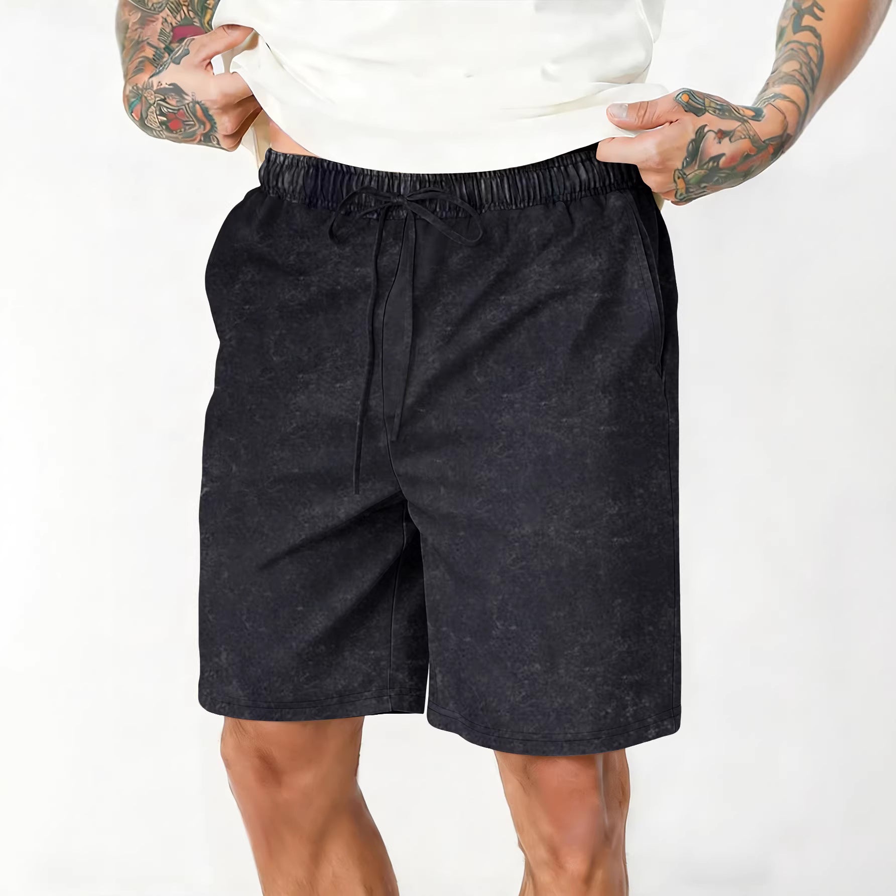 Relaxed-fit washed and distressed casual shorts by Dropshipman, featuring a comfortable, stylish design with frayed edges.