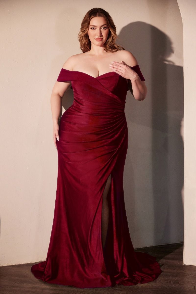 Burgundy stretch spandex off-the-shoulder nightgown by Tux-USA, featuring a fitted curve-hugging design and long sleeves.