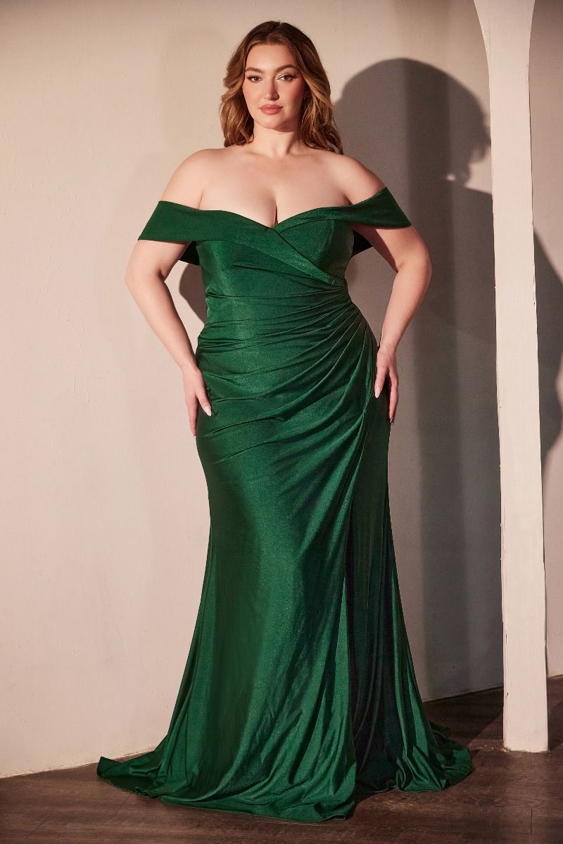 Hunter green stretch spandex off-the-shoulder nightgown by Tux-USA with a fitted curve-hugging design and front view.