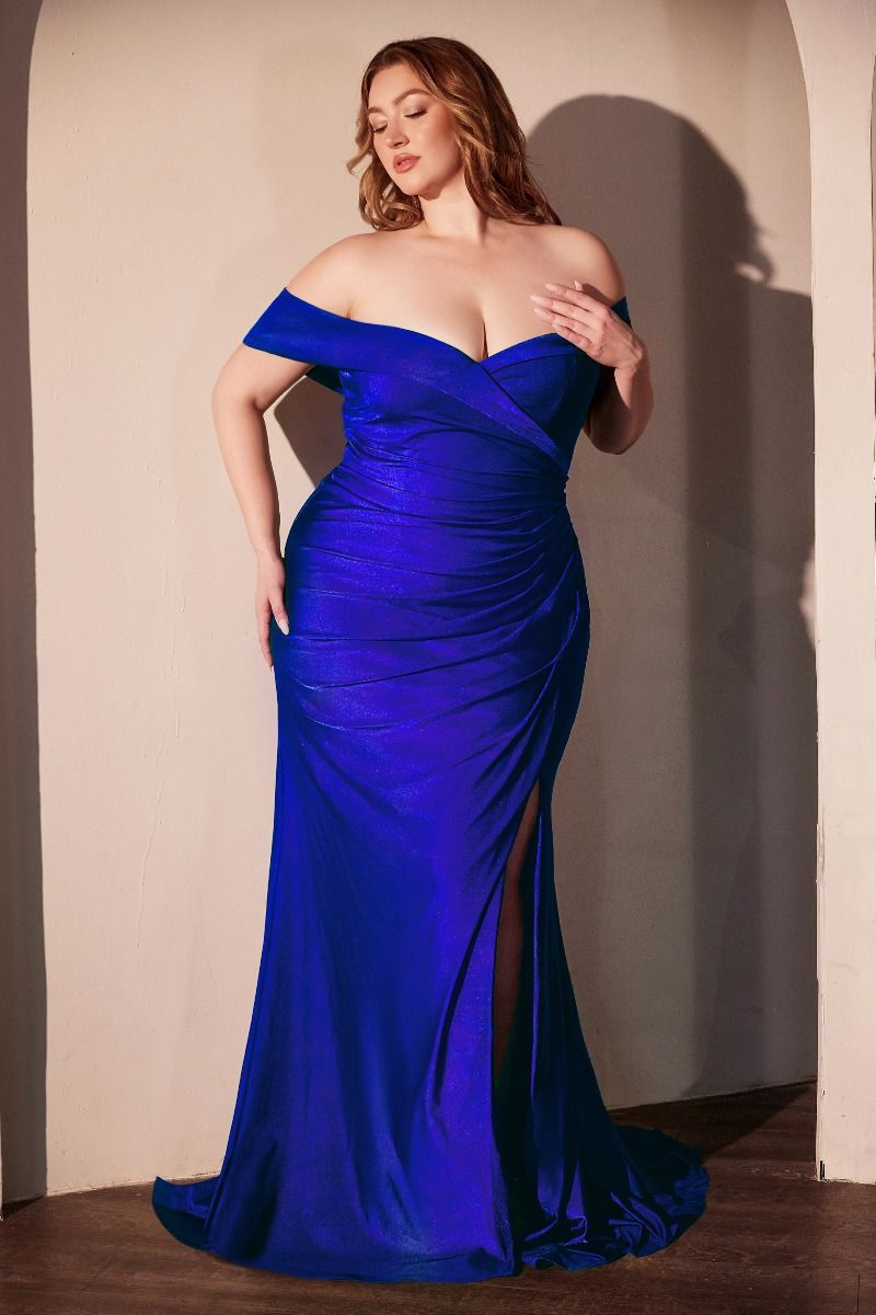 Royal blue Tux-USA stretch spandex off-the-shoulder nightgown with curve-enhancing design, front view.