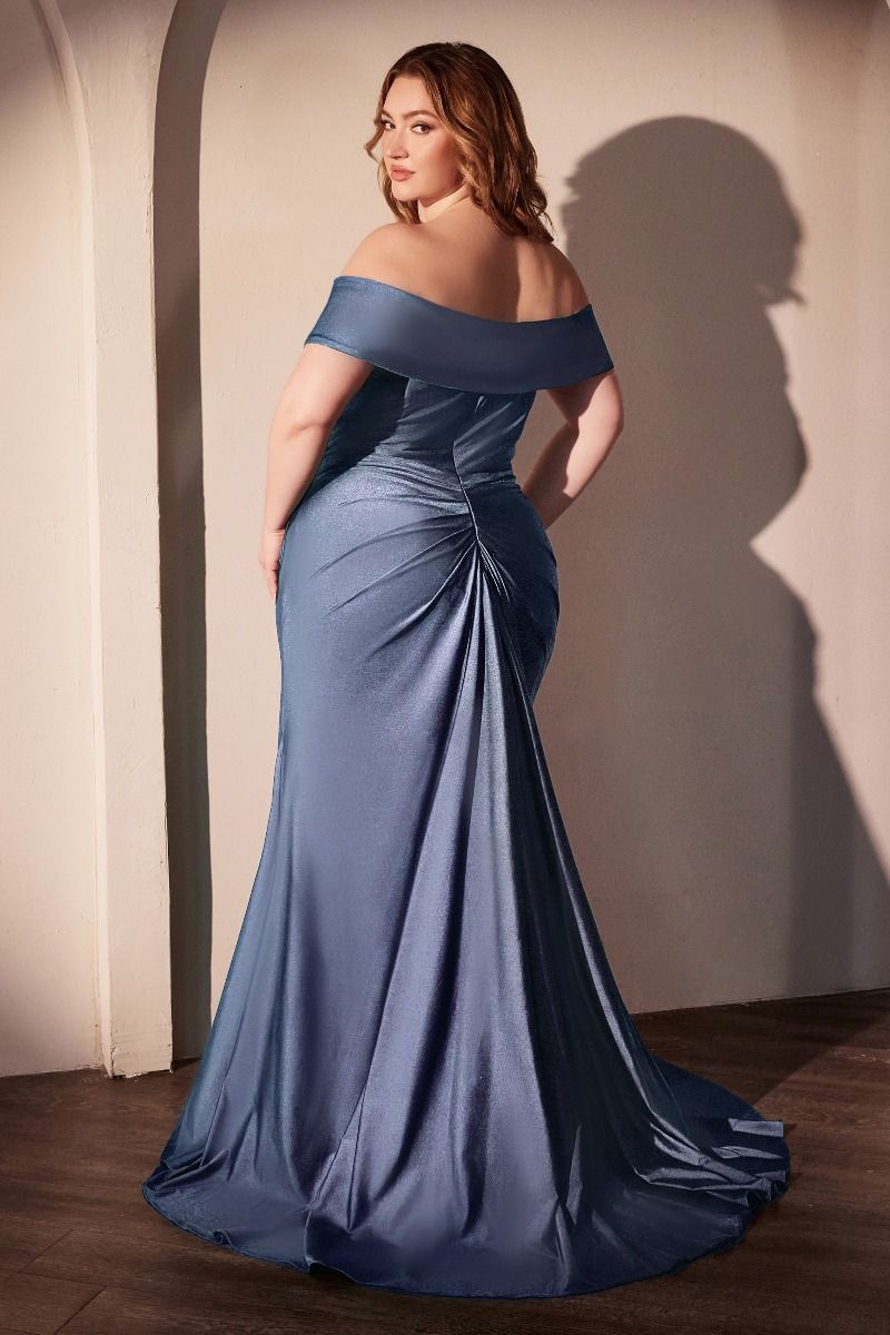 Smoky blue off-the-shoulder stretch spandex nightgown with curve-hugging fit, back view, by Tux-USA.