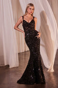 Black fitted sequin nightgown with velvet details by Tux-USA, featuring shimmering sequins and elegant velvet accents.