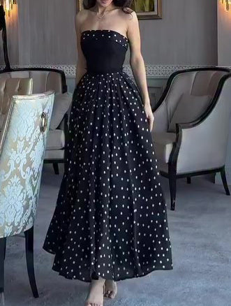 Women's Spring  Black Strapless Polka Dot Full Skirt Maxi Dress