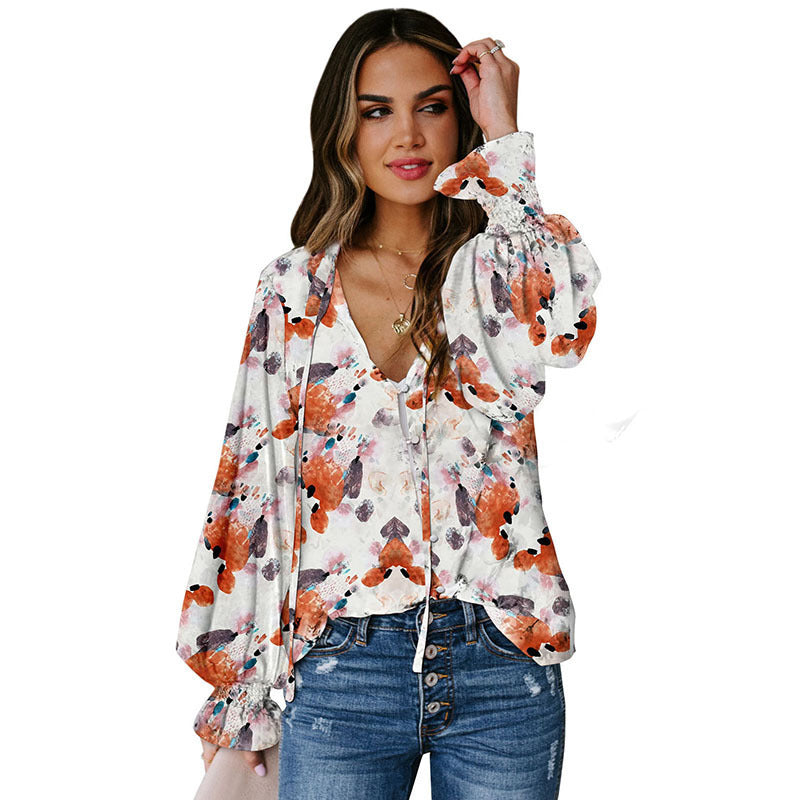 Women's lightweight floral chiffon blouse with long sleeves, in Shying Spring style by Dropshipman.