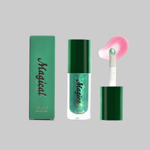 Color-changing lip gloss by Dropshipman with a moisturizing glass finish, showing a sleek tube and shiny, iridescent cap.