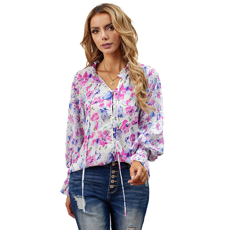 Women's Shying Spring floral chiffon blouse with long sleeves, lightweight and stylish for casual or dressy occasions.