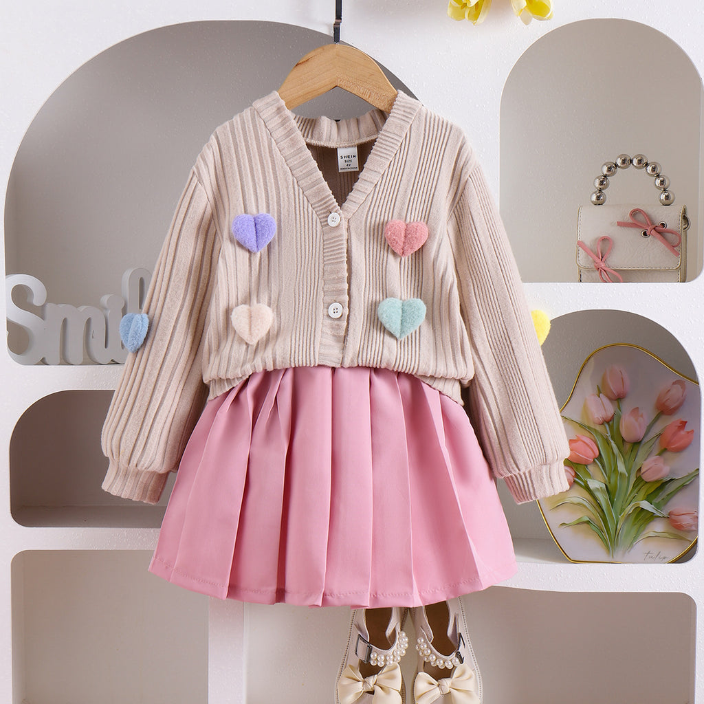 Children's long sleeve coat and pleated skirt two-piece set by Dropshipman, solid color, perfect for stylish kids.