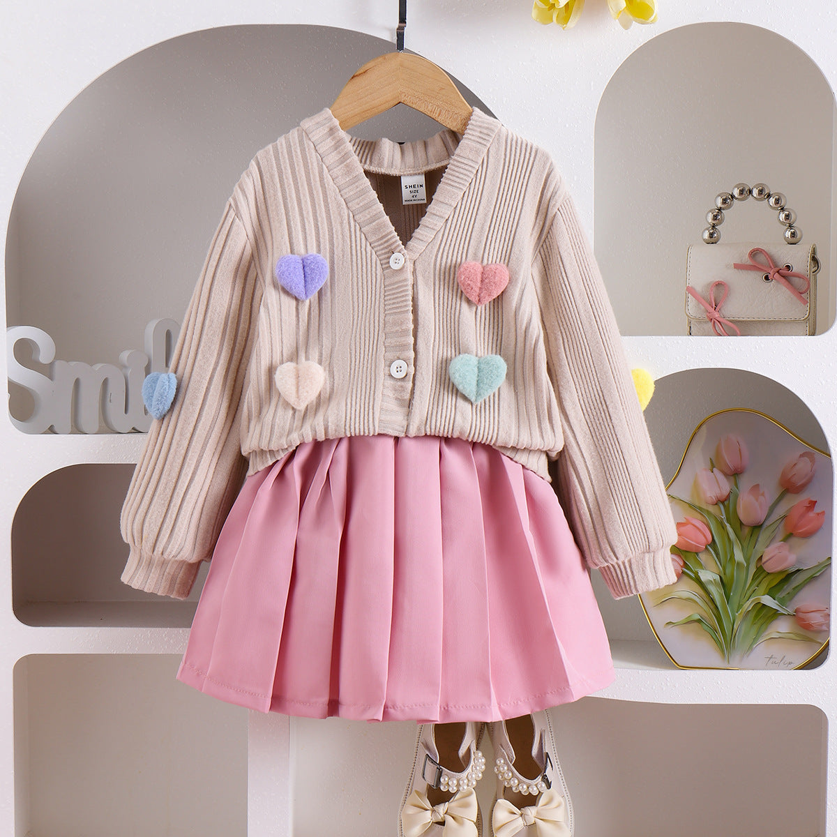 new-arrival Children Long Sleeve Coat Solid Color Pleated Skirt Two-piece Set.