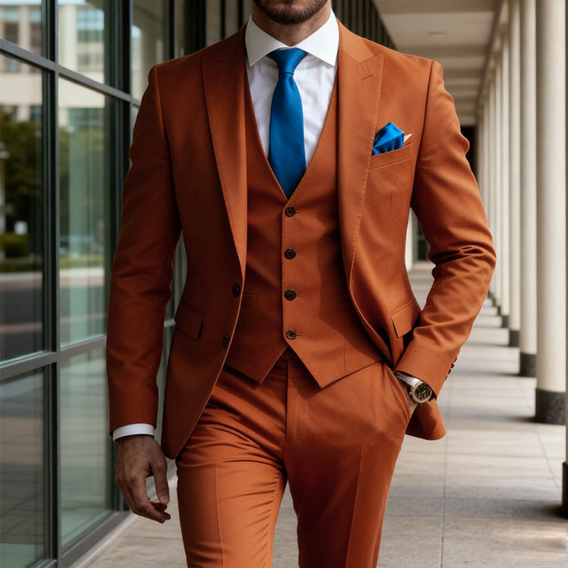 Men’s three-piece solid-color suit by Dropshipman, featuring a stylish jacket, vest, and trousers with a sophisticated vibe.