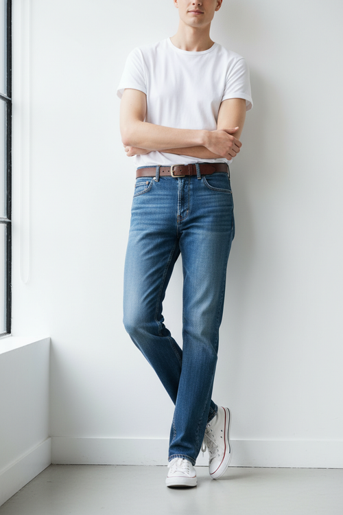ShopSweetHaven classic denim jeans hanging against a neutral background, showcasing their fit and style.